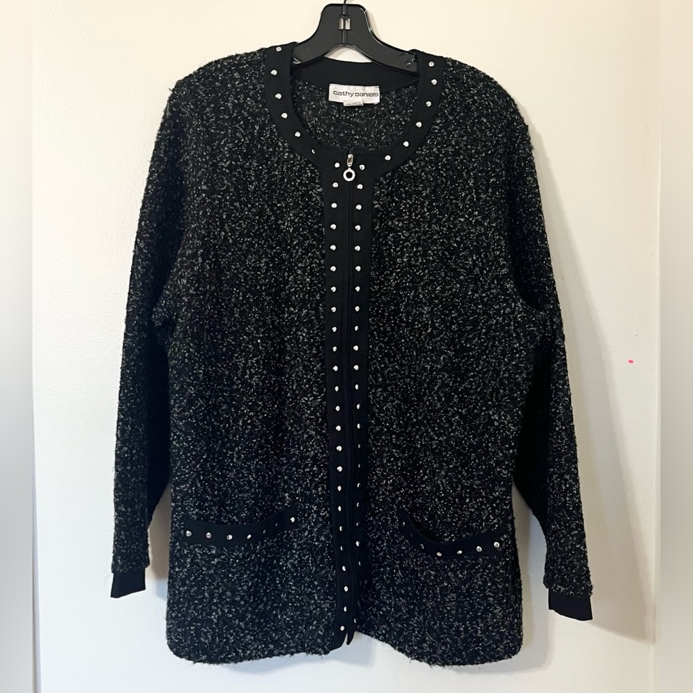 Cathy Daniel’s Black Tweed Bouclé Cardigan Studded Classic Chic Sweater 1X Plus